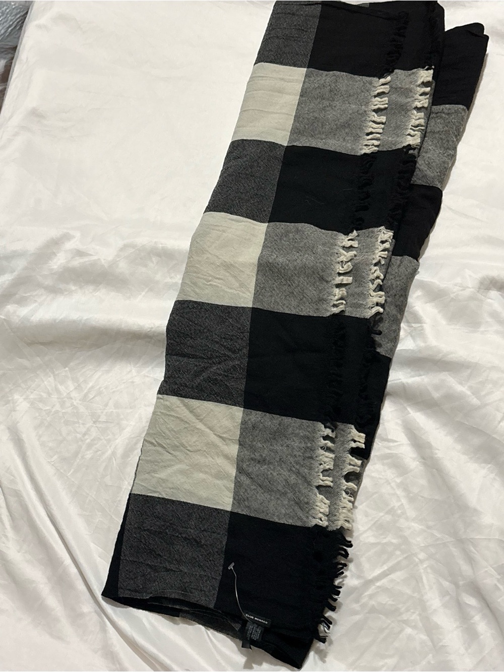 Club Monaco Black, Gray & Cream Plaid Fringe Scarf